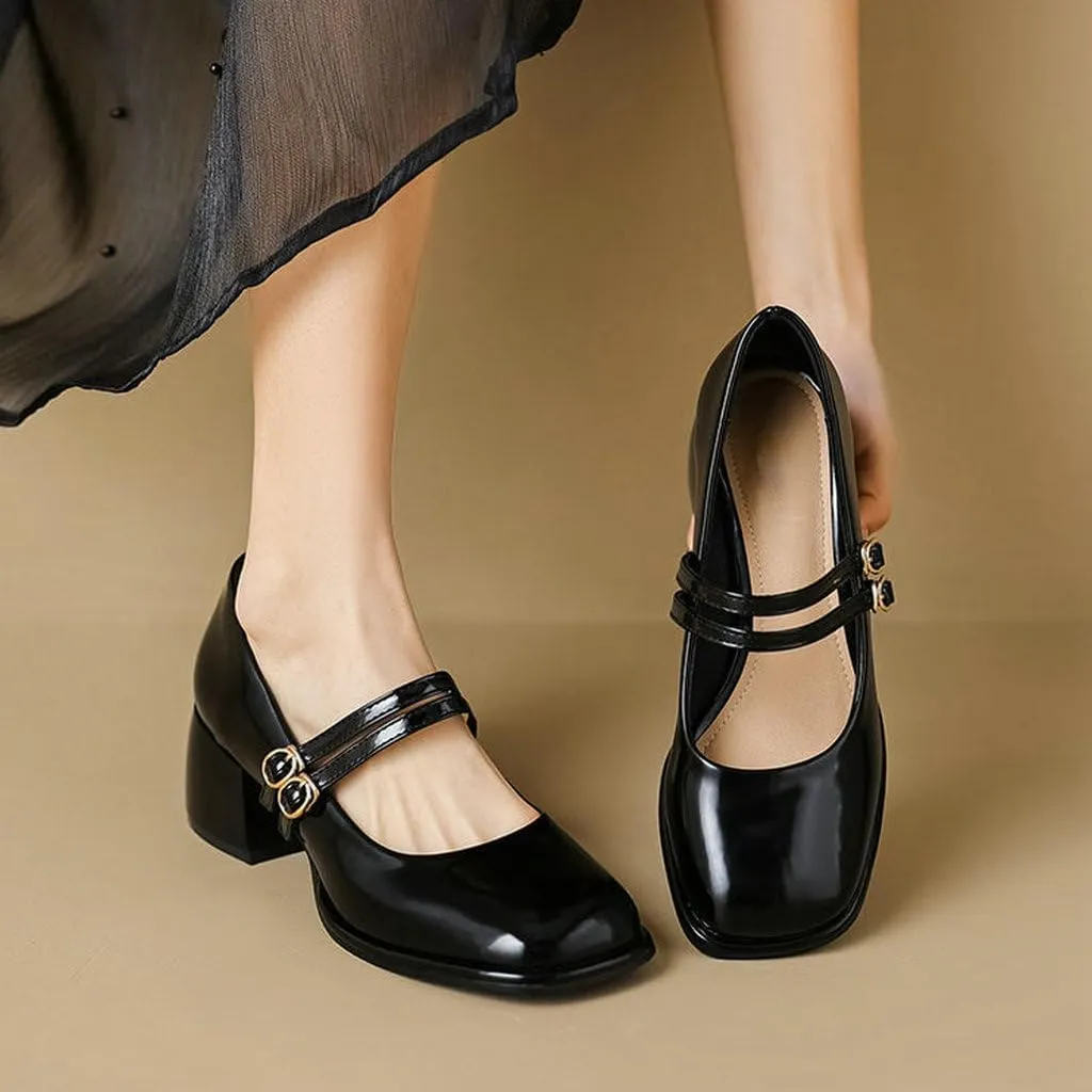 DINTAHA Platform Heeled Mary Janes for Women,Square Toe Pumps for Women Low Heel Patent Leather Mary Janes