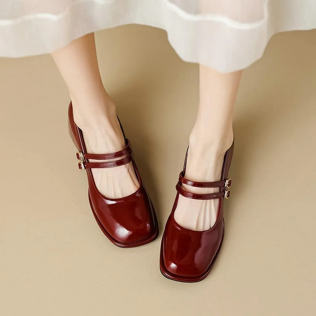 DINTAHA Platform Heeled Mary Janes for Women,Square Toe Pumps for Women Low Heel Patent Leather Mary Janes