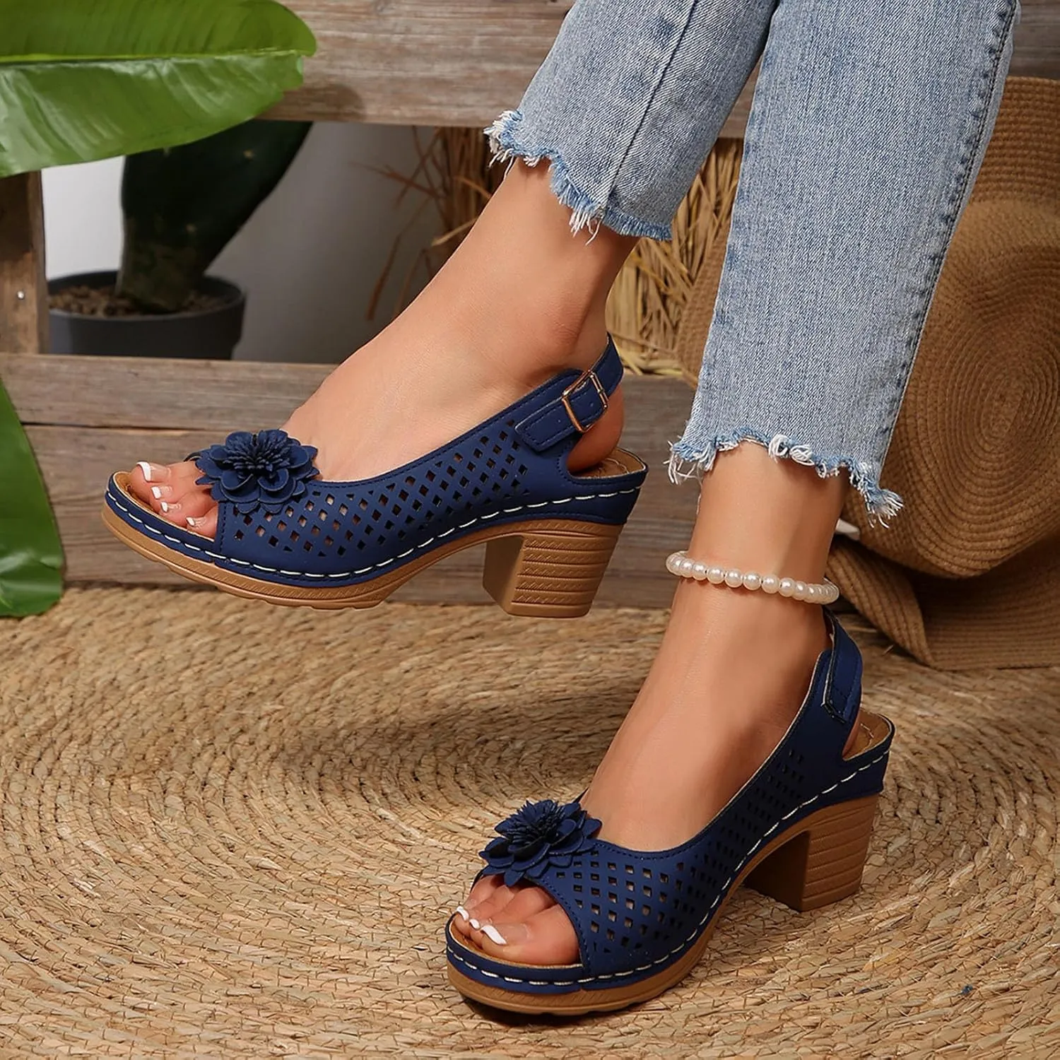 Dressy Sandals Elastic Ankle Strap Thick Heel Fish Mouth Women's Outdoor Sandals Fashionable Casual Hollow Flower High