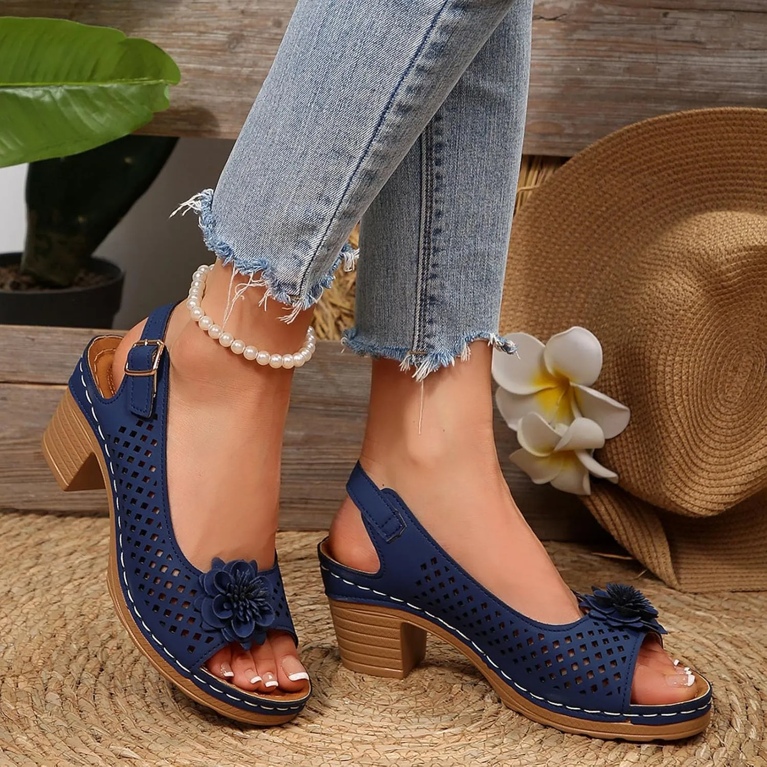 Dressy Sandals Elastic Ankle Strap Thick Heel Fish Mouth Women's Outdoor Sandals Fashionable Casual Hollow Flower High