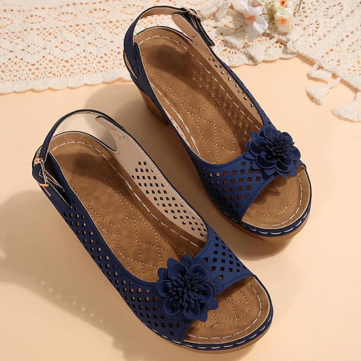 Dressy Sandals Elastic Ankle Strap Thick Heel Fish Mouth Women's Outdoor Sandals Fashionable Casual Hollow Flower High