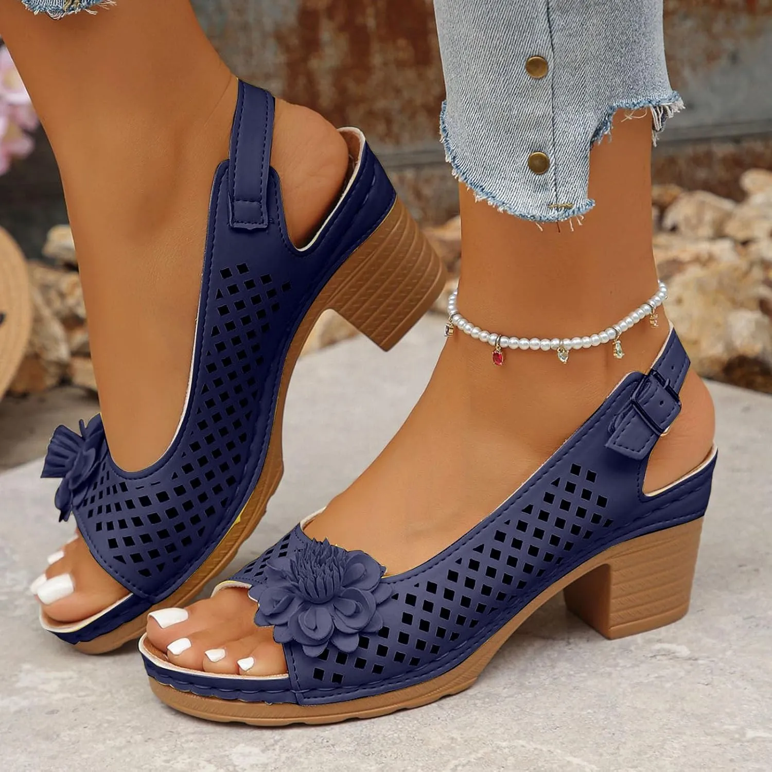 Dressy Sandals Elastic Ankle Strap Thick Heel Fish Mouth Women's Outdoor Sandals Fashionable Casual Hollow Flower High