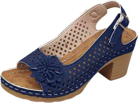 Dressy Sandals Elastic Ankle Strap Thick Heel Fish Mouth Women's Outdoor Sandals Fashionable Casual Hollow Flower High