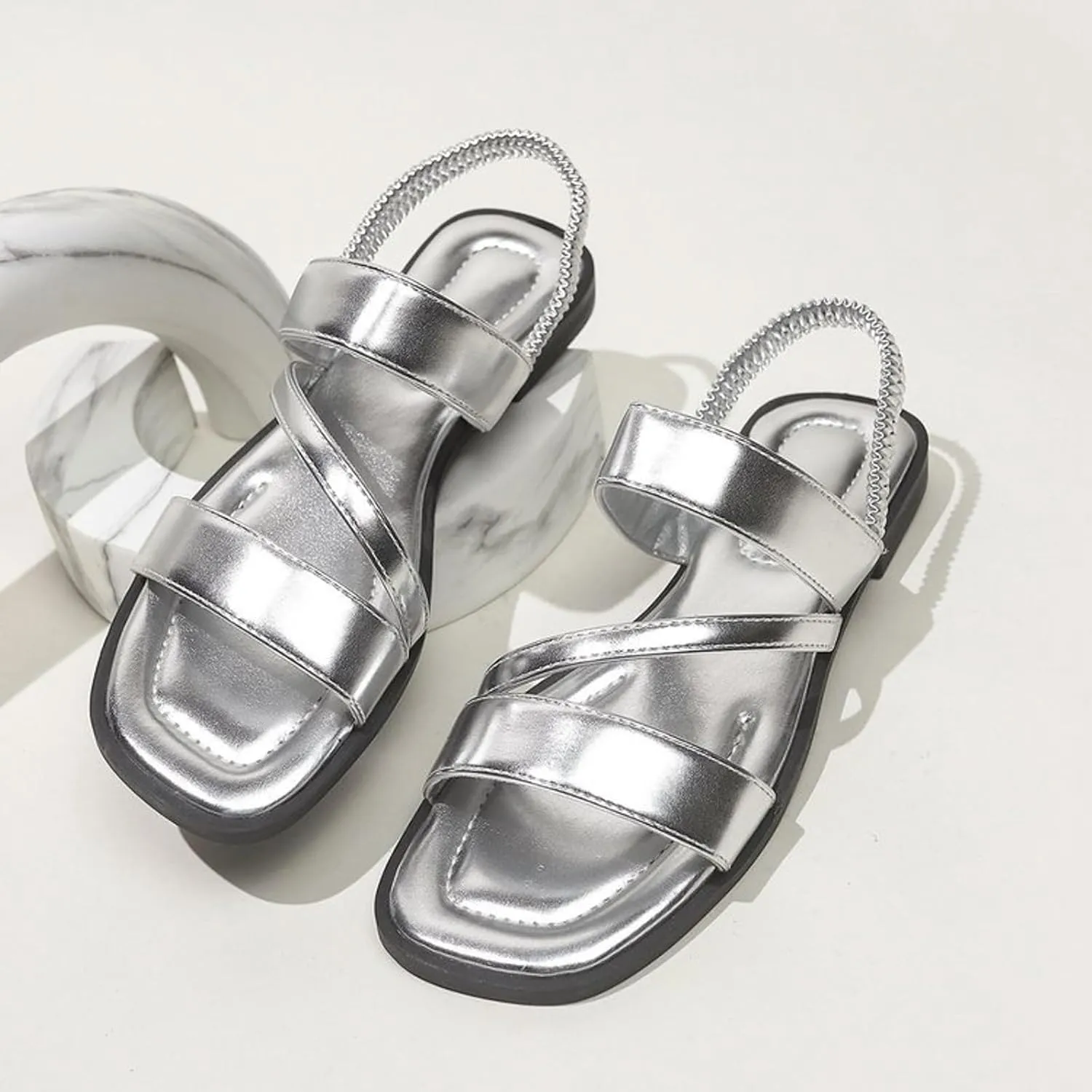 Dressy Sandals Elastic Ankle Strap Thin Soled Square Toed Women's Shoes Fashionable Hollow Flat Soled Shiny Outer Wear