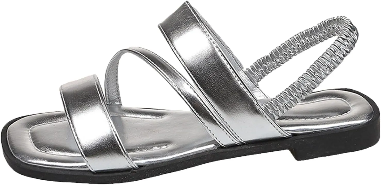 Dressy Sandals Elastic Ankle Strap Thin Soled Square Toed Women's Shoes Fashionable Hollow Flat Soled Shiny Outer Wear