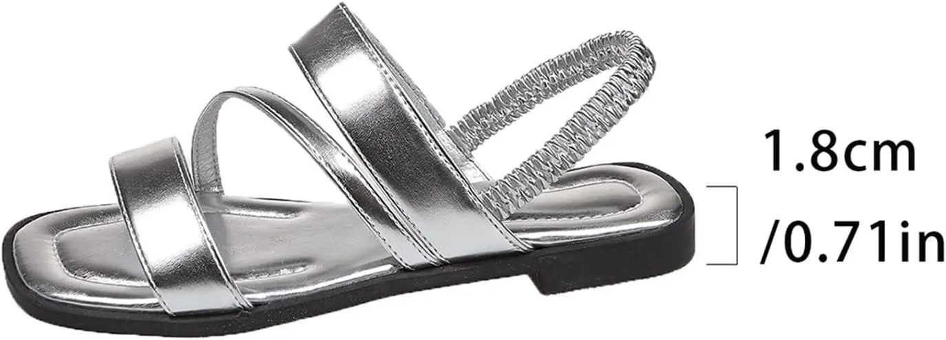 Dressy Sandals Elastic Ankle Strap Thin Soled Square Toed Women's Shoes Fashionable Hollow Flat Soled Shiny Outer Wear