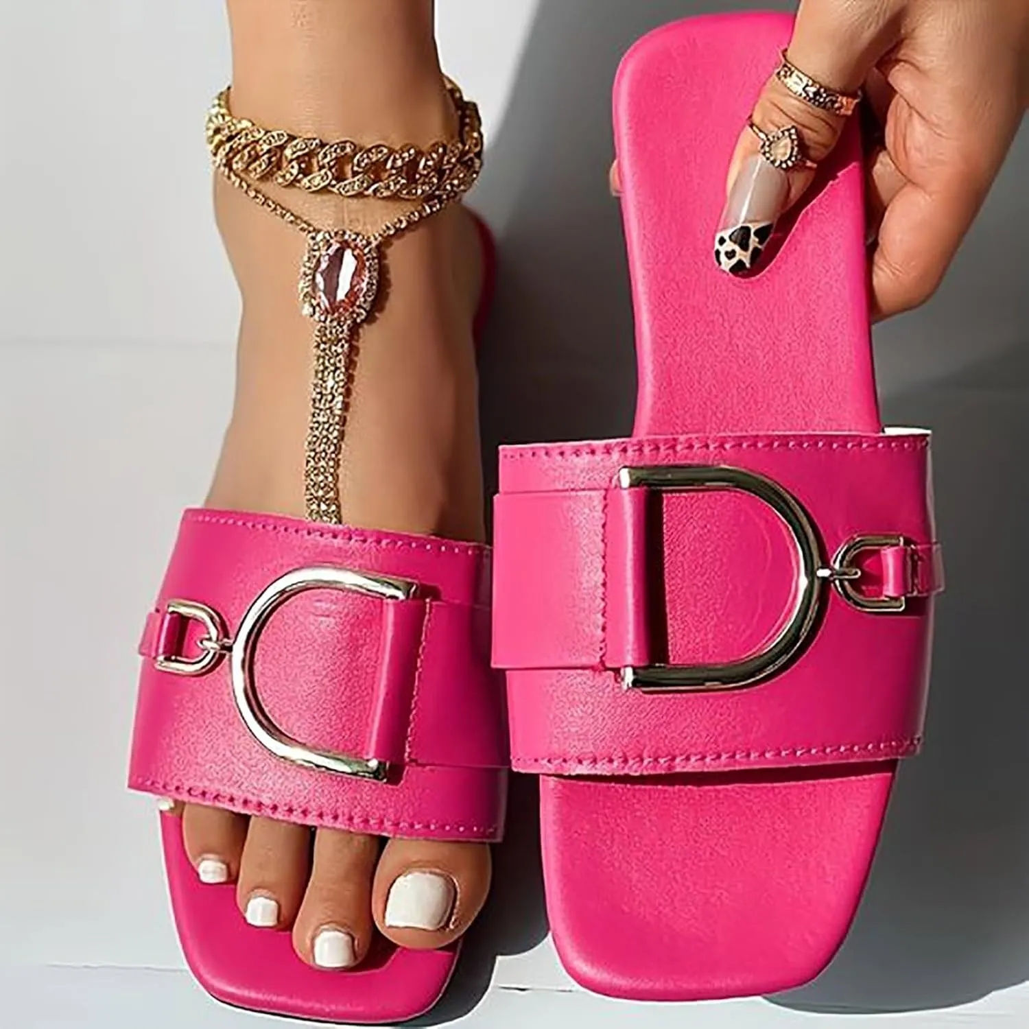 Elegant Sandals for Women Square Toe Button Solid Slides Comfortable Slim Flat Sandals Temperament Sandals 2 Wedges