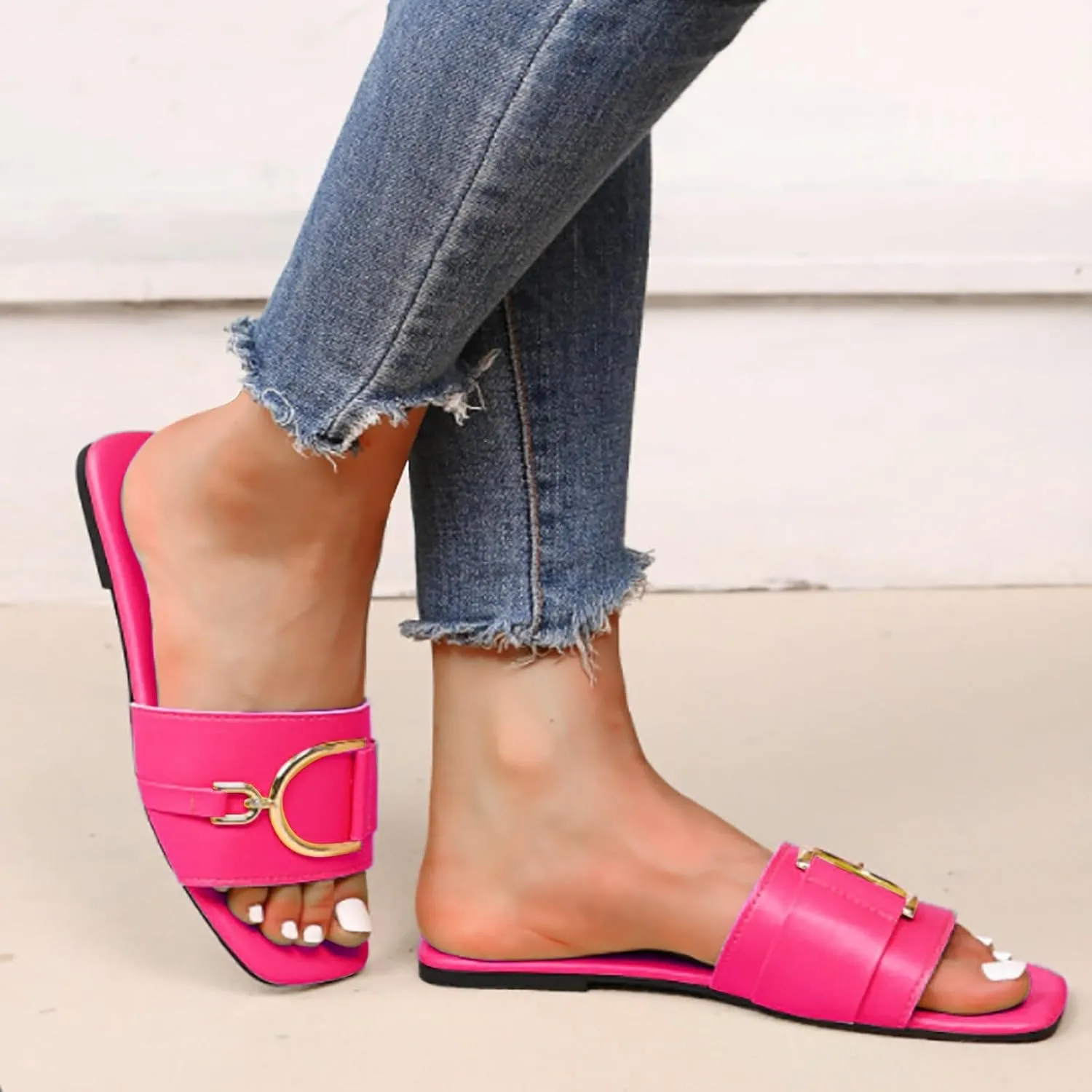 Elegant Sandals for Women Square Toe Button Solid Slides Comfortable Slim Flat Sandals Temperament Sandals 2 Wedges