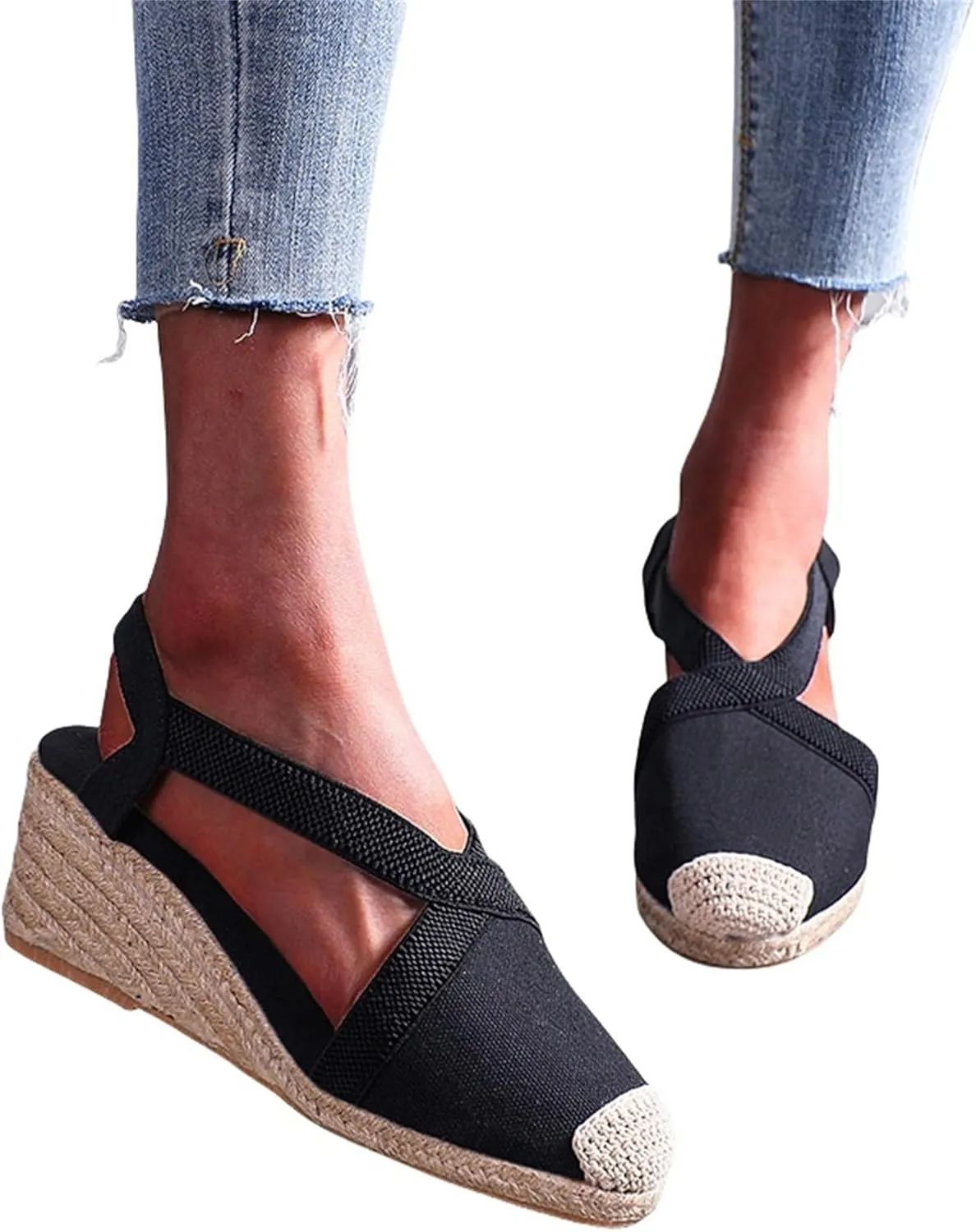 Espadrilles Wedges for Women Summer Platform Wedge Sandals, Fashion Closed Toe Cross Ankle Strap Sandals Casual Platform Slip On Slingback Beach Work Walking Shoes