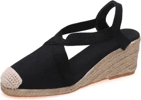 Espadrilles Wedges for Women Summer Platform Wedge Sandals, Fashion Closed Toe Cross Ankle Strap Sandals Casual Platform Slip On Slingback Beach Work Walking Shoes