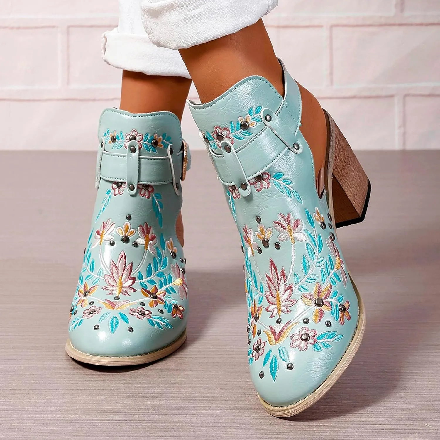 Europe and The United States Foreign Trade Embroidery Retro High Heeled Shoes Thick Boots for Women Low Boot Size 11