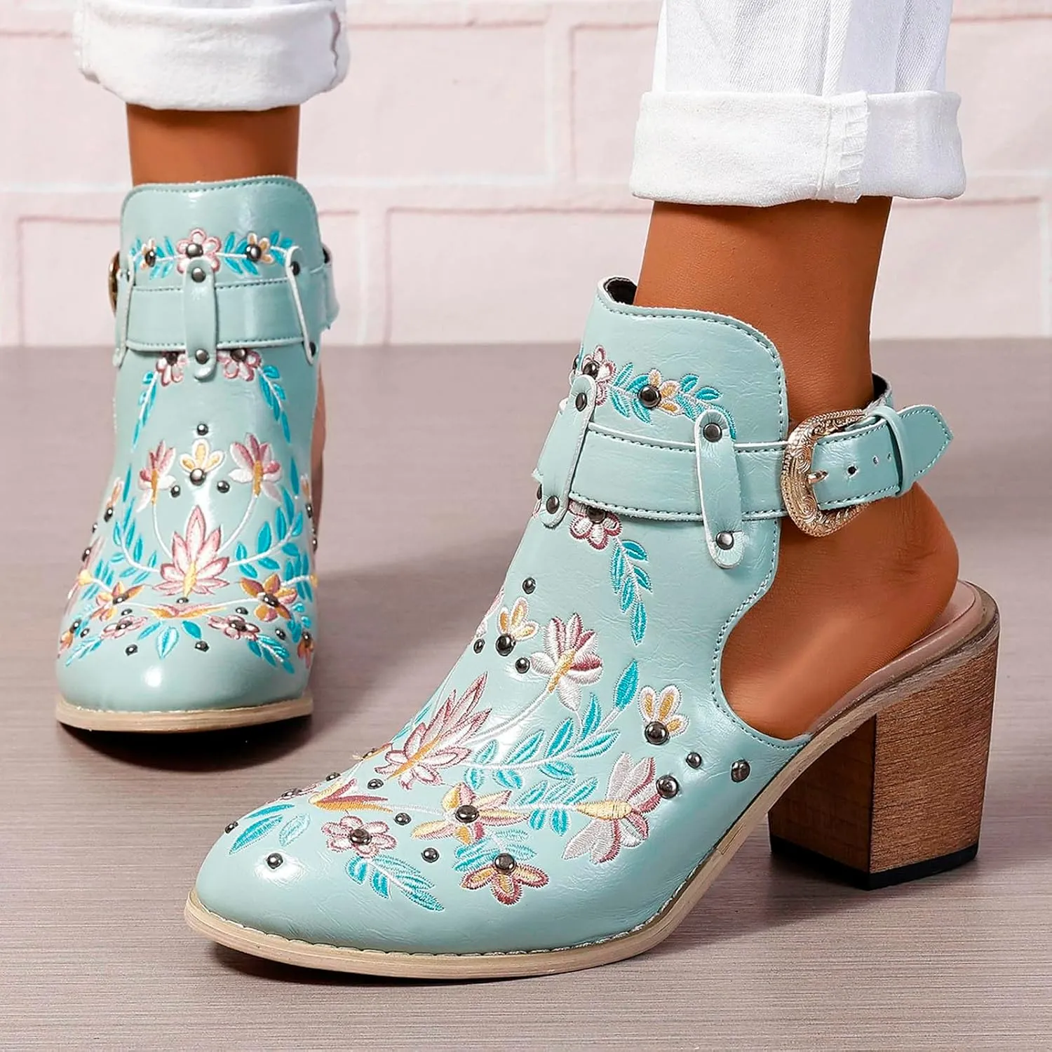 Europe and The United States Foreign Trade Embroidery Retro High Heeled Shoes Thick Boots for Women Low Boot Size 11