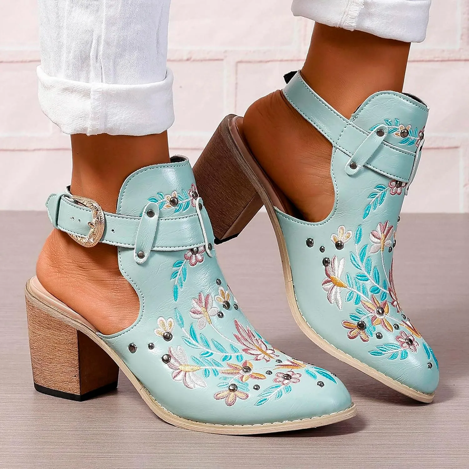 Europe and The United States Foreign Trade Embroidery Retro High Heeled Shoes Thick Boots for Women Low Boot Size 11