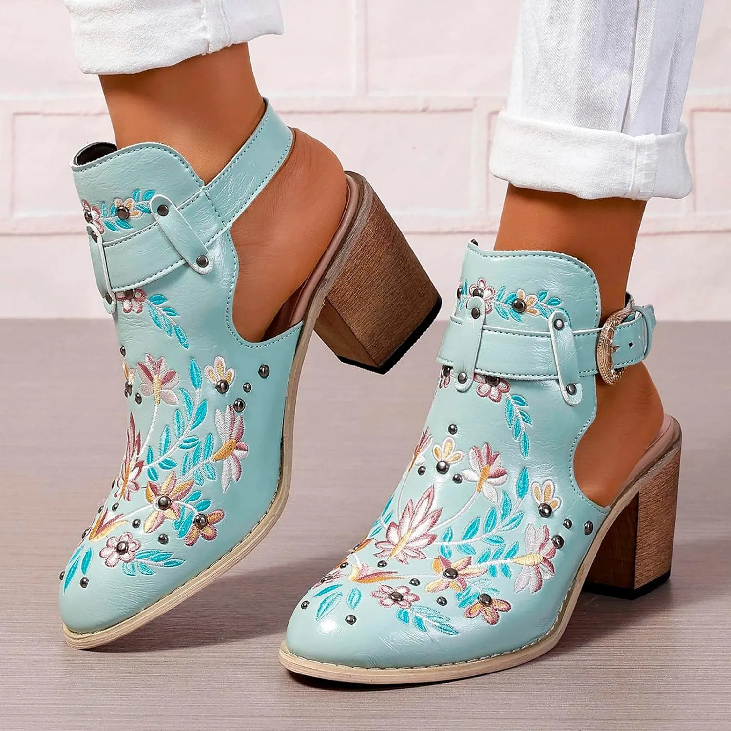 Europe and The United States Foreign Trade Embroidery Retro High Heeled Shoes Thick Boots for Women Low Boot Size 11
