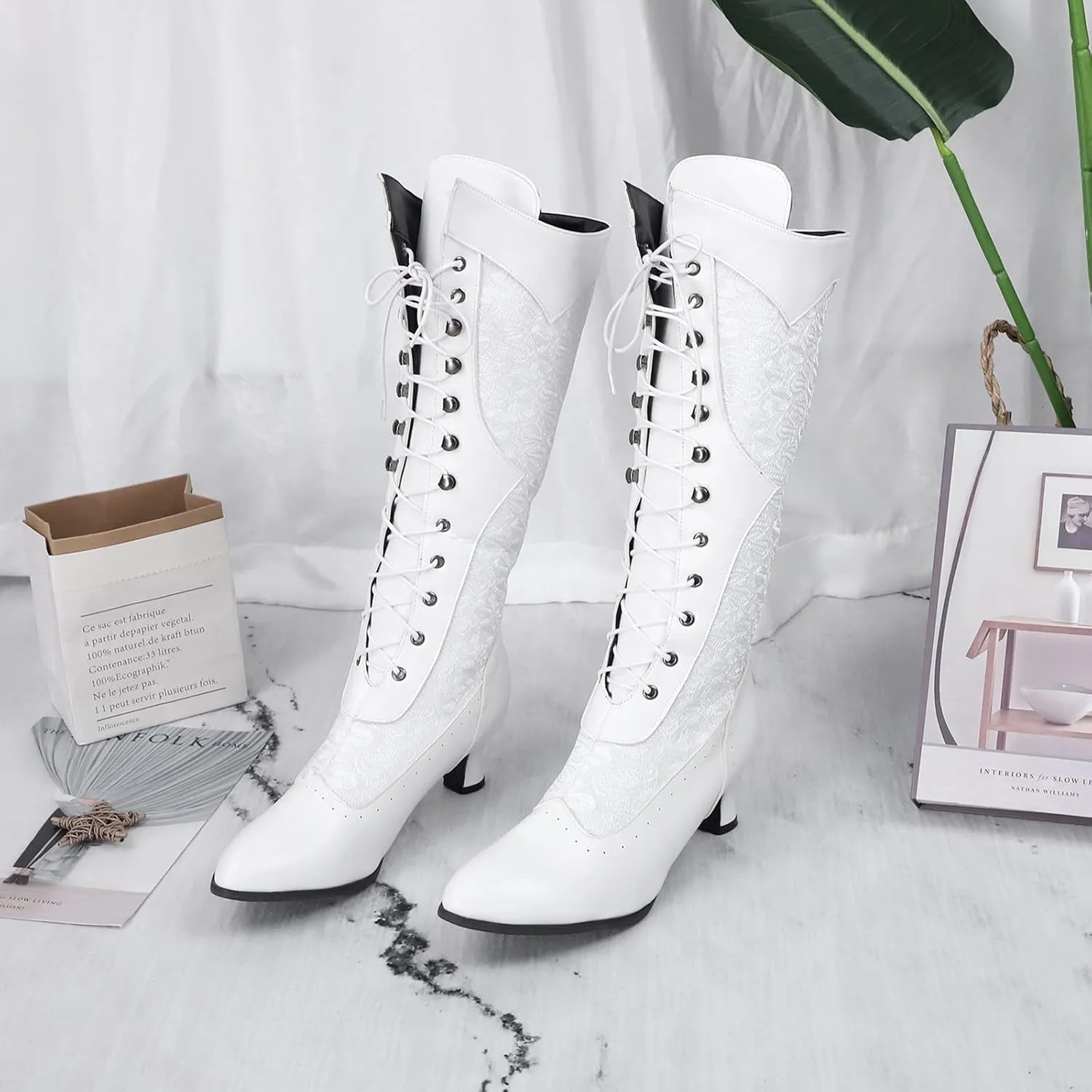 Fall Boots for Women 2023 Cowboy Boots Vintage Lace Up Boots Knee High Boots Chunky Heels Retro Gothic Wide Calf Boots