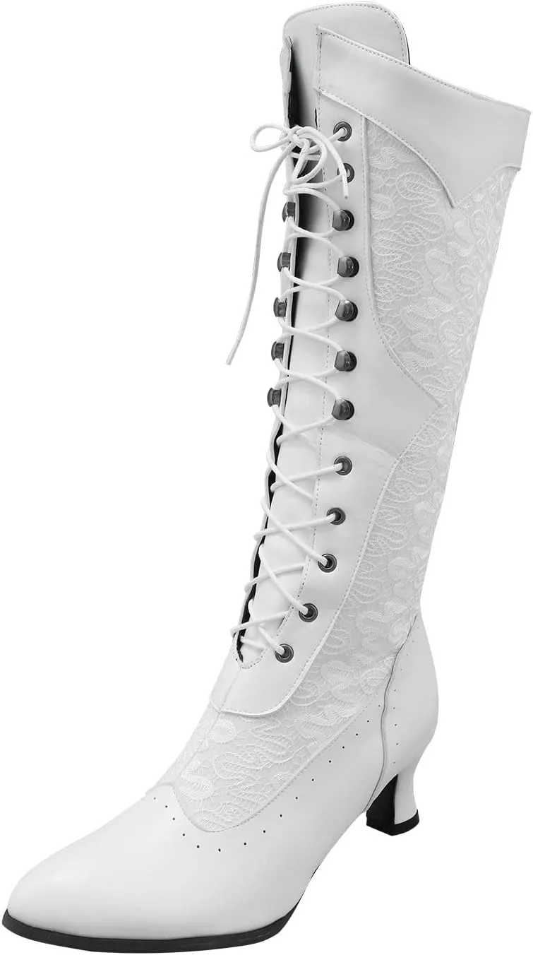 Fall Boots for Women 2023 Cowboy Boots Vintage Lace Up Boots Knee High Boots Chunky Heels Retro Gothic Wide Calf Boots