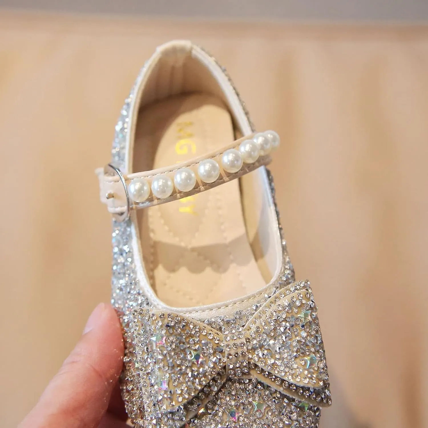 Fashion Autumn Girls Casual Shoes Rhinestone Sequin Bow Buckle Dress Shoes Dance Shoes Little (Silver, 18-24 Months)