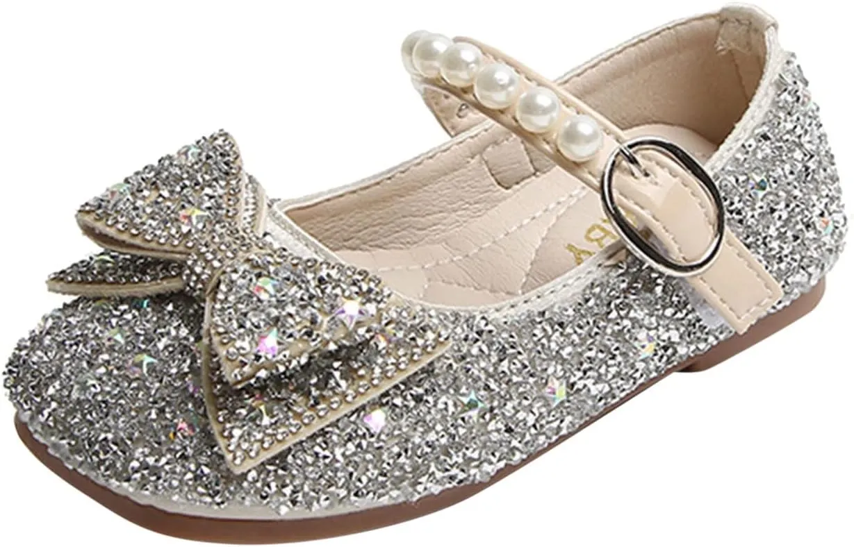 Fashion Autumn Girls Casual Shoes Rhinestone Sequin Bow Buckle Dress Shoes Dance Shoes Little (Silver, 18-24 Months)