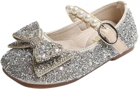 Fashion Autumn Girls Casual Shoes Rhinestone Sequin Bow Buckle Dress Shoes Dance Shoes Little (Silver, 18-24 Months)