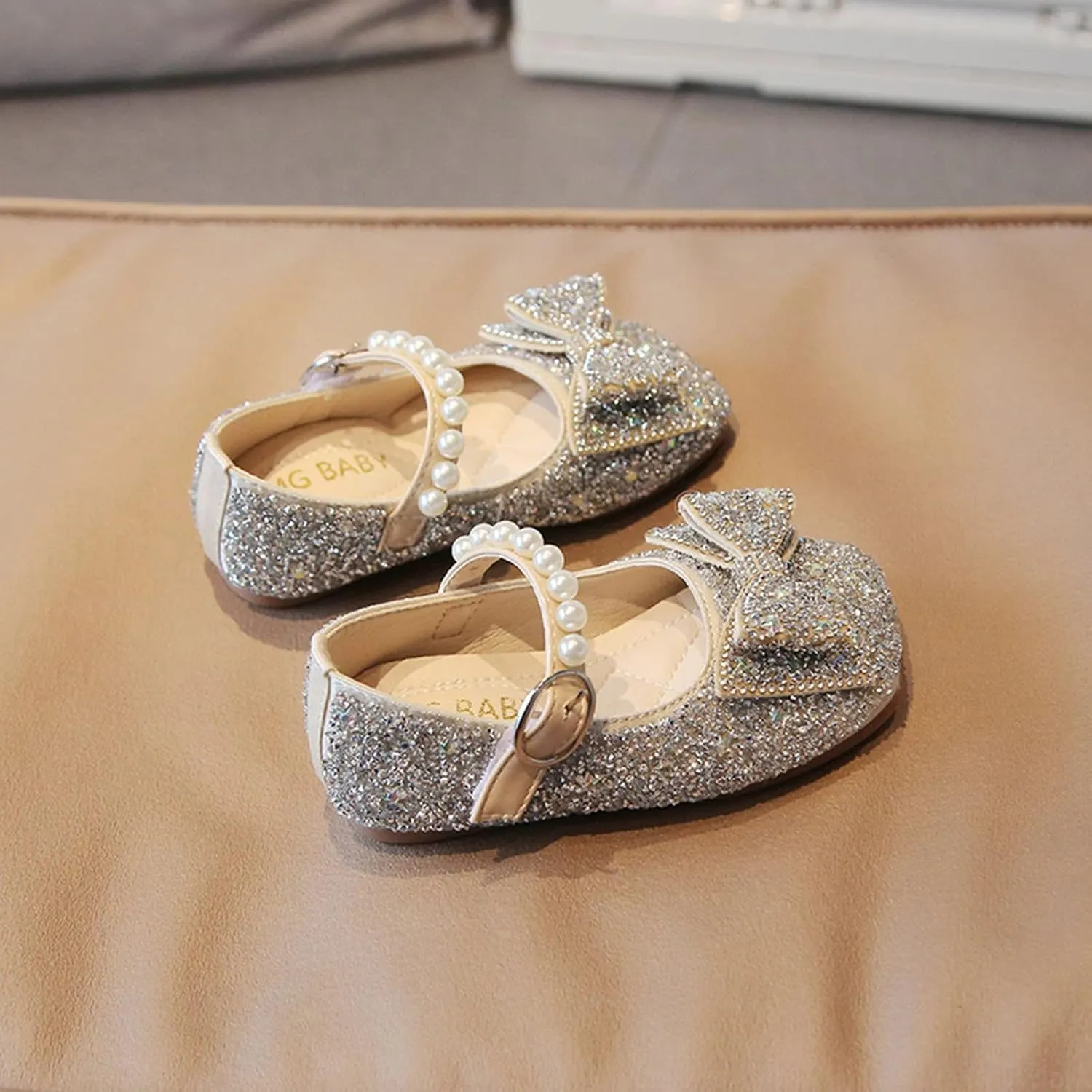 Fashion Autumn Girls Casual Shoes Rhinestone Sequin Bow Buckle Dress Shoes Dance Shoes Little (Silver, 18-24 Months)
