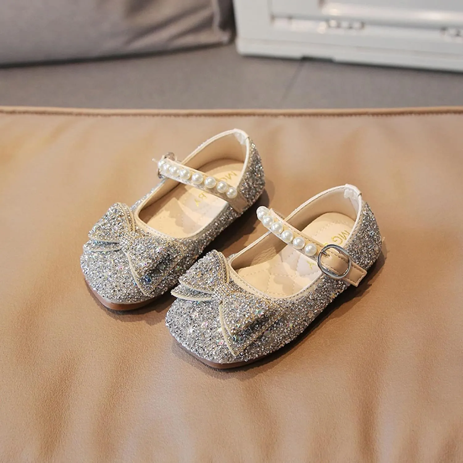Fashion Autumn Girls Casual Shoes Rhinestone Sequin Bow Buckle Dress Shoes Dance Shoes Little (Silver, 18-24 Months)