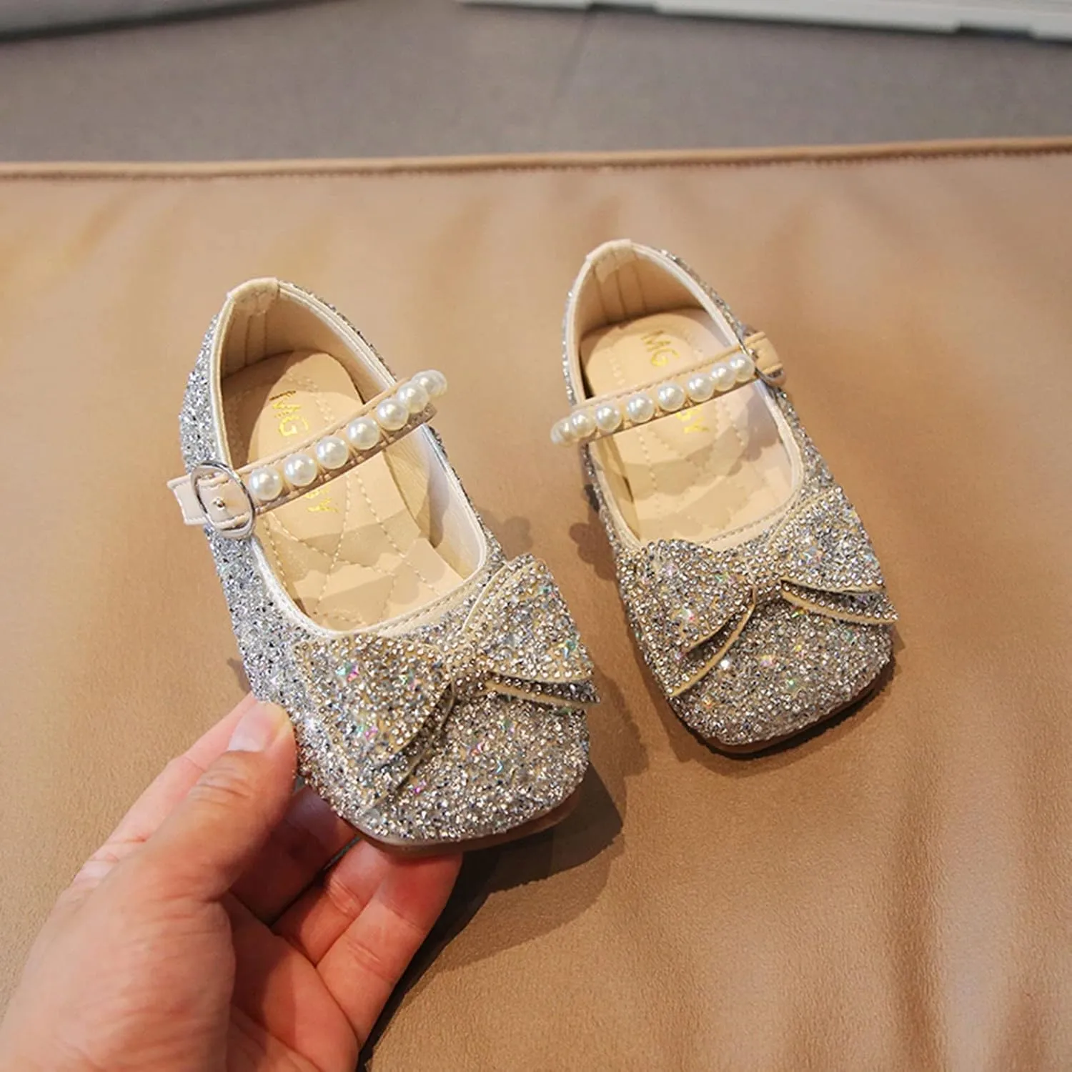 Fashion Autumn Girls Casual Shoes Rhinestone Sequin Bow Buckle Dress Shoes Dance Shoes Little (Silver, 18-24 Months)