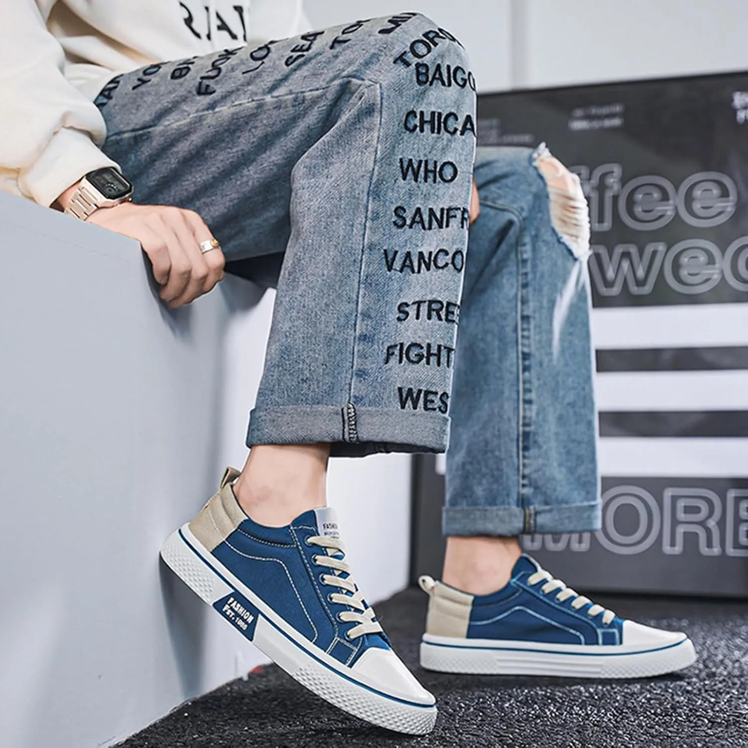 Fashion Men's Casual Canvas Sneakers - Classic Street Style Skateboarding Shoes, Low Top, Round Toe, Spring & Fall