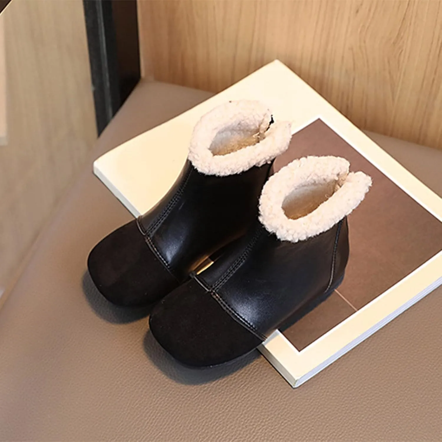 Fashion Winter Children Boots Boys Girls Ankle Boots Flat Bottom Flat Heel Round Toe Solid Color Toddler Snow Boots (Black, 2-2.5 Years Toddler)