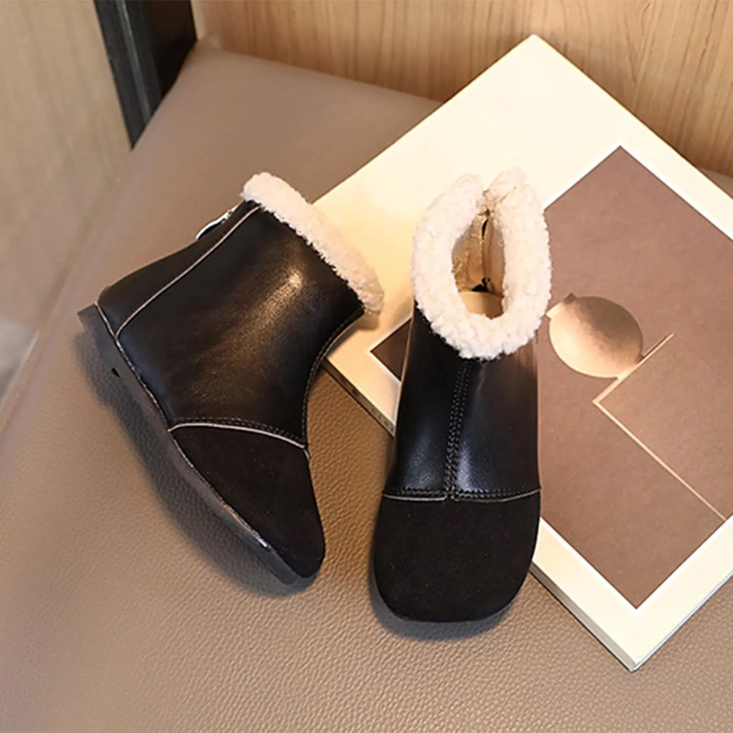 Fashion Winter Children Boots Boys Girls Ankle Boots Flat Bottom Flat Heel Round Toe Solid Color Toddler Snow Boots (Black, 2-2.5 Years Toddler)