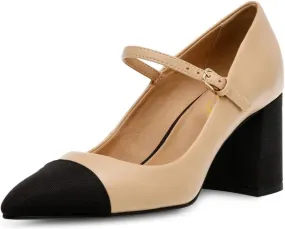 FOWT Women Pointed Cap Toe Ankle Strap Pumps Two Toned Block Mid Heel Mary Janes Cute Daily Office Parties Dress Shoes Size 4-16 US