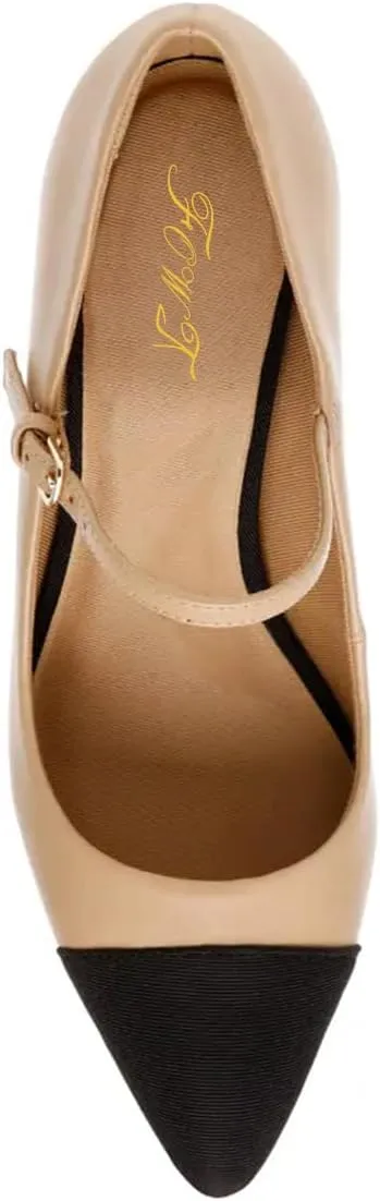 FOWT Women Pointed Cap Toe Ankle Strap Pumps Two Toned Block Mid Heel Mary Janes Cute Daily Office Parties Dress Shoes Size 4-16 US