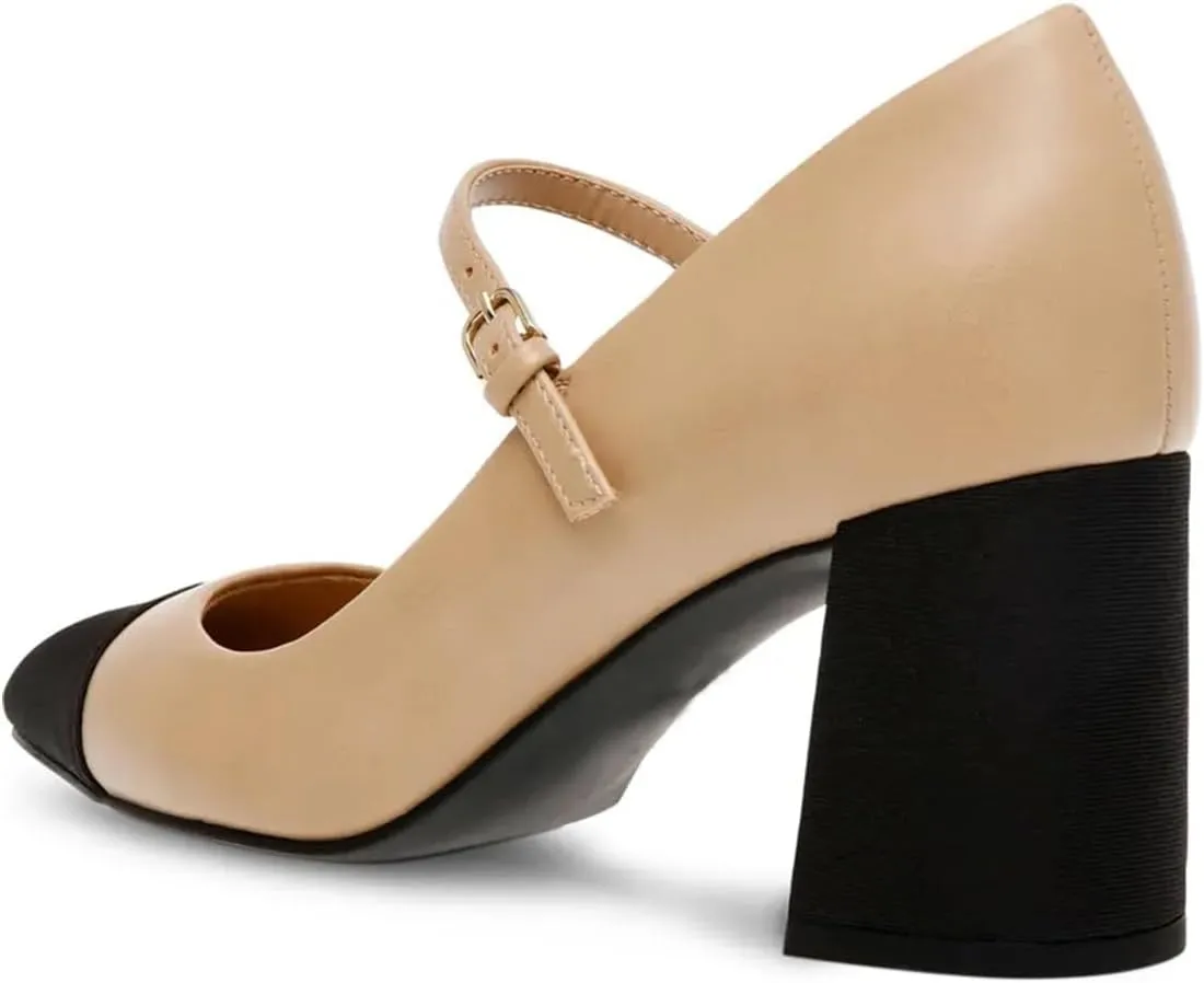 FOWT Women Pointed Cap Toe Ankle Strap Pumps Two Toned Block Mid Heel Mary Janes Cute Daily Office Parties Dress Shoes Size 4-16 US