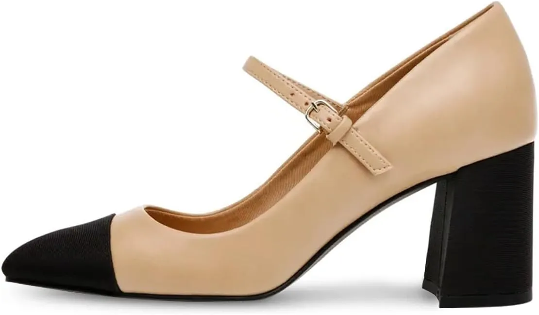 FOWT Women Pointed Cap Toe Ankle Strap Pumps Two Toned Block Mid Heel Mary Janes Cute Daily Office Parties Dress Shoes Size 4-16 US