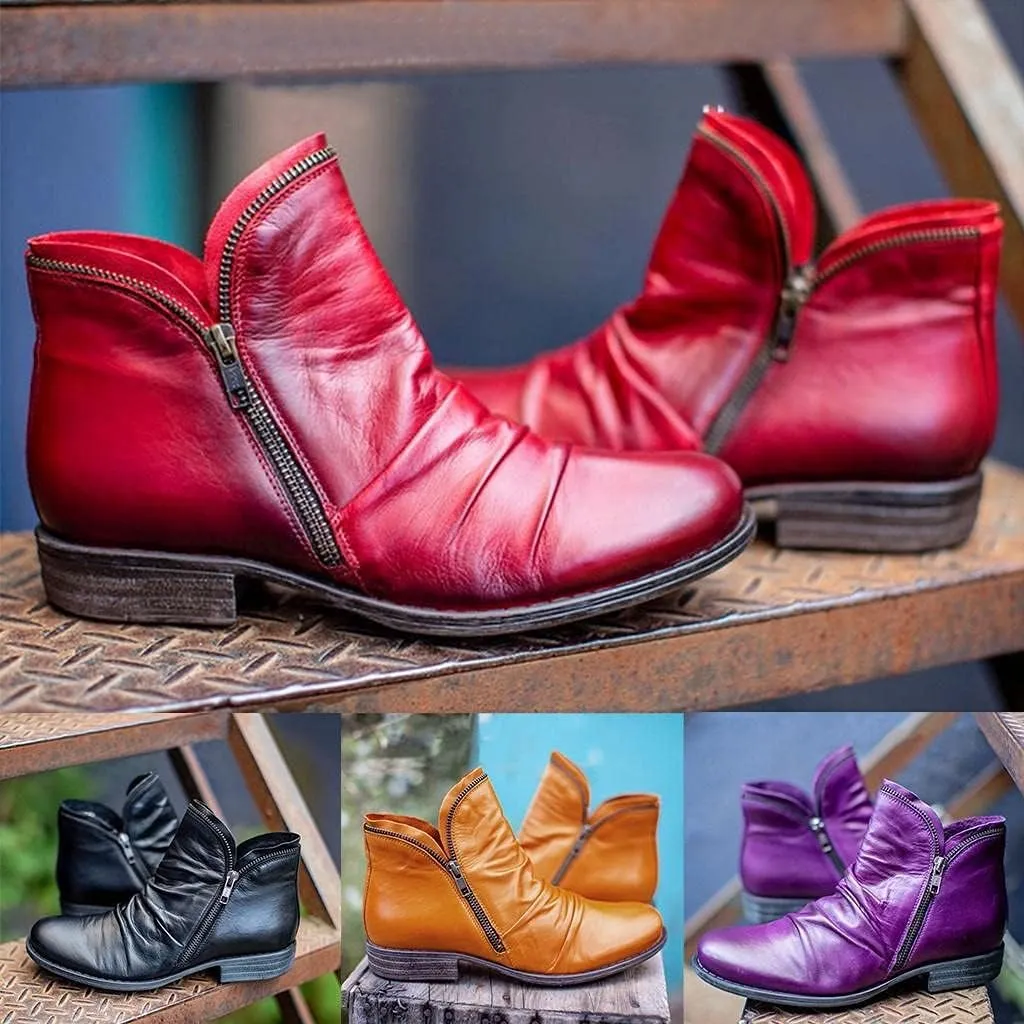 Gibobby Ankle Boots for Womens Low Heel Booties Pointed Toe Stacked Mid Heel Ankle Boots V Cut Back Zipper Booties