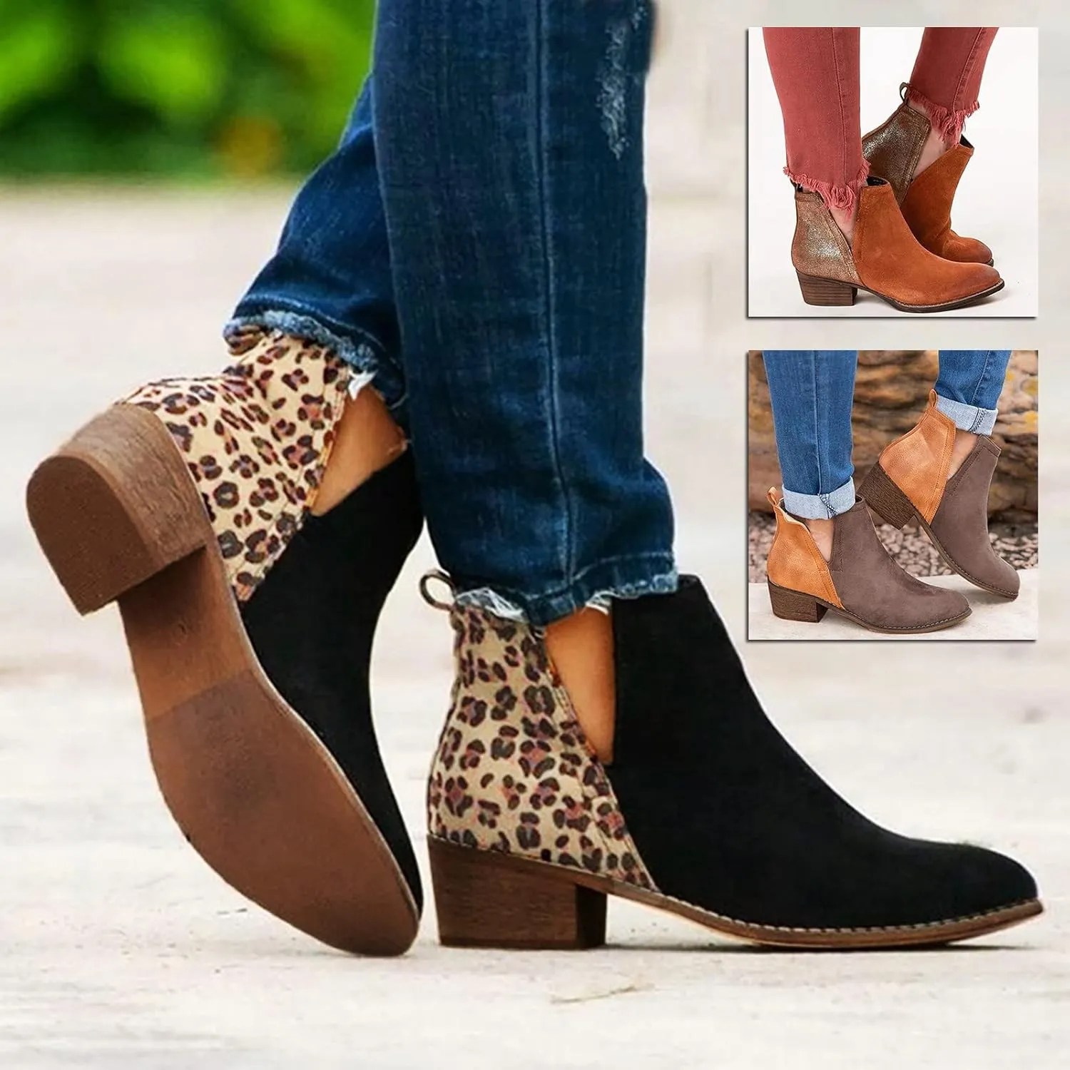 Gibobby Booties for Women Low Heel Womens Ankle Boots Pointed Toe Faux Stacked Chunky Heels Leopard Side Zipper Booties