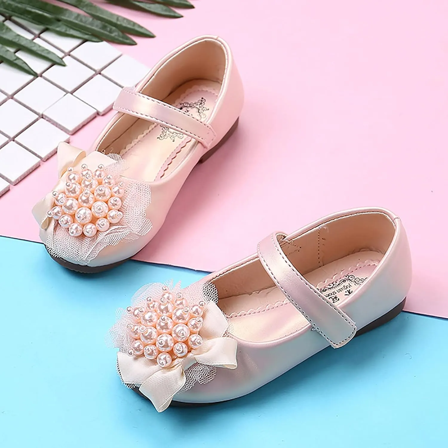 Girl Dress Shoes Toddler Flower Pearl Wedding Party Flats Low Heel Ankle Strap Dance Shoes For Toddler