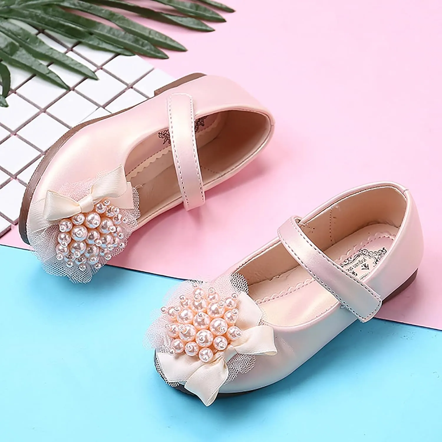 Girl Dress Shoes Toddler Flower Pearl Wedding Party Flats Low Heel Ankle Strap Dance Shoes For Toddler