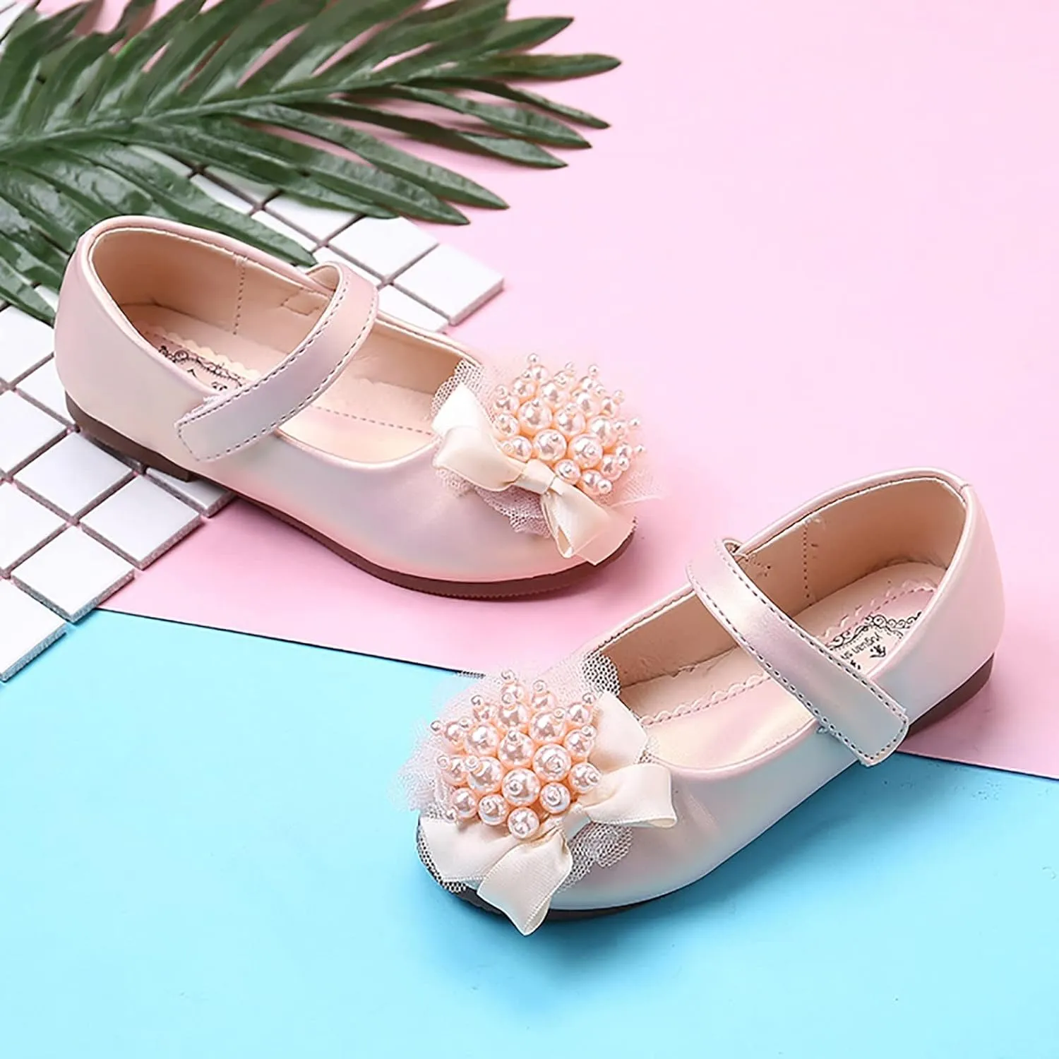 Girl Dress Shoes Toddler Flower Pearl Wedding Party Flats Low Heel Ankle Strap Dance Shoes For Toddler