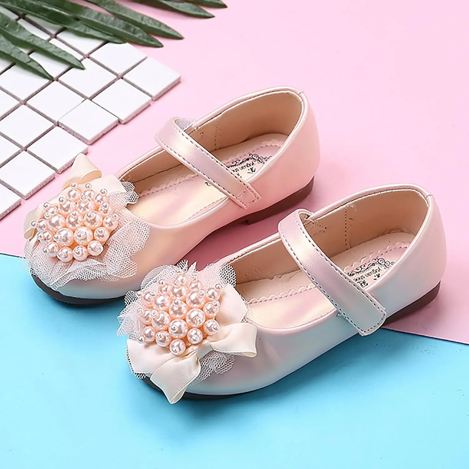 Girl Dress Shoes Toddler Flower Pearl Wedding Party Flats Low Heel Ankle Strap Dance Shoes For Toddler