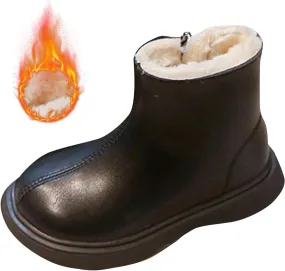 Girl Snow Shoes Plush Lined Side Zipper Ankle Boots Baby Non Slip Walking Shoes Round Toe Leather Flat Hiking Shoes