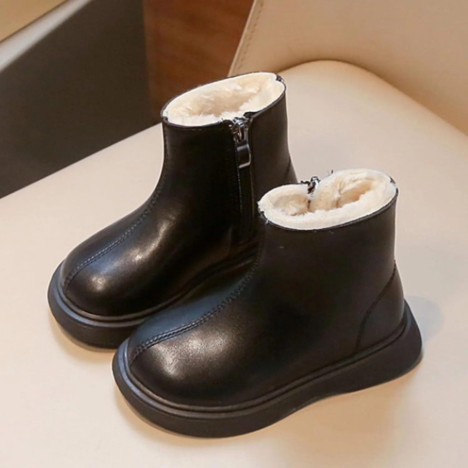 Girl Snow Shoes Plush Lined Side Zipper Ankle Boots Baby Non Slip Walking Shoes Round Toe Leather Flat Hiking Shoes