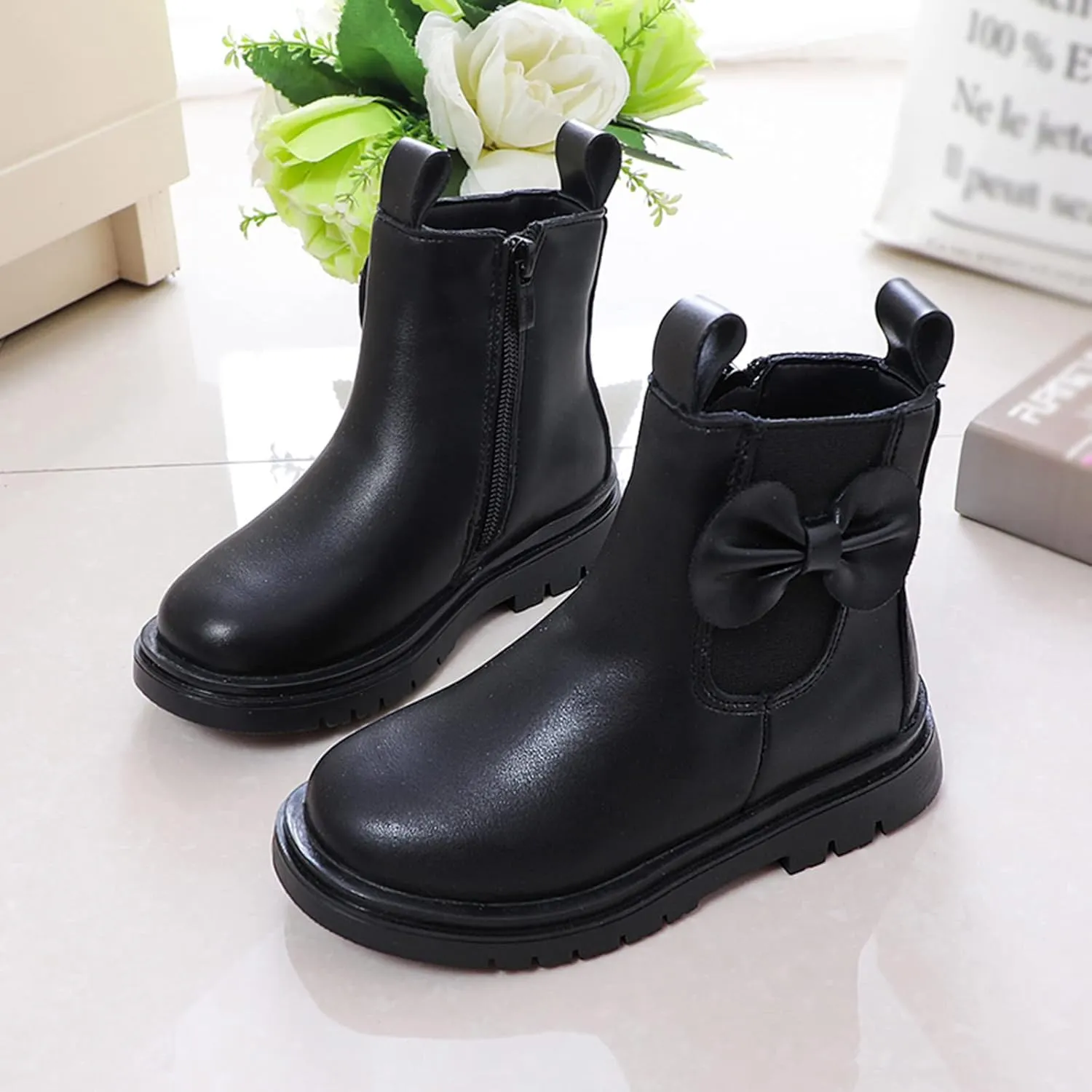 Girls Ankle Boots, Girls Leather Shoes Waterproof Leather Short Boots Non Slip Breathable Nude Boots with Zipper (Black, 6-7 Years)