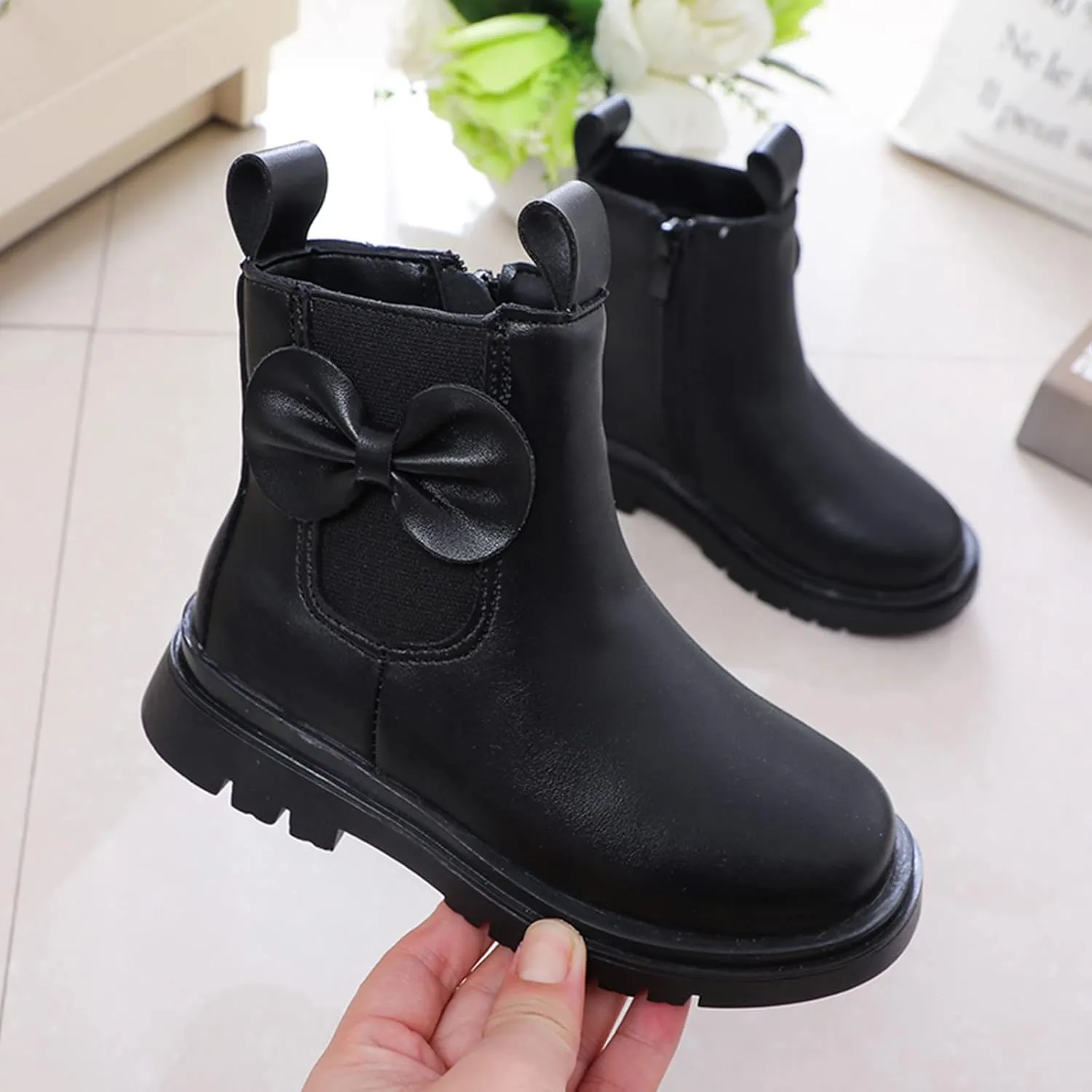 Girls Ankle Boots, Girls Leather Shoes Waterproof Leather Short Boots Non Slip Breathable Nude Boots with Zipper (Black, 6-7 Years)