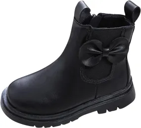 Girls Ankle Boots, Girls Leather Shoes Waterproof Leather Short Boots Non Slip Breathable Nude Boots with Zipper (Black, 6-7 Years)