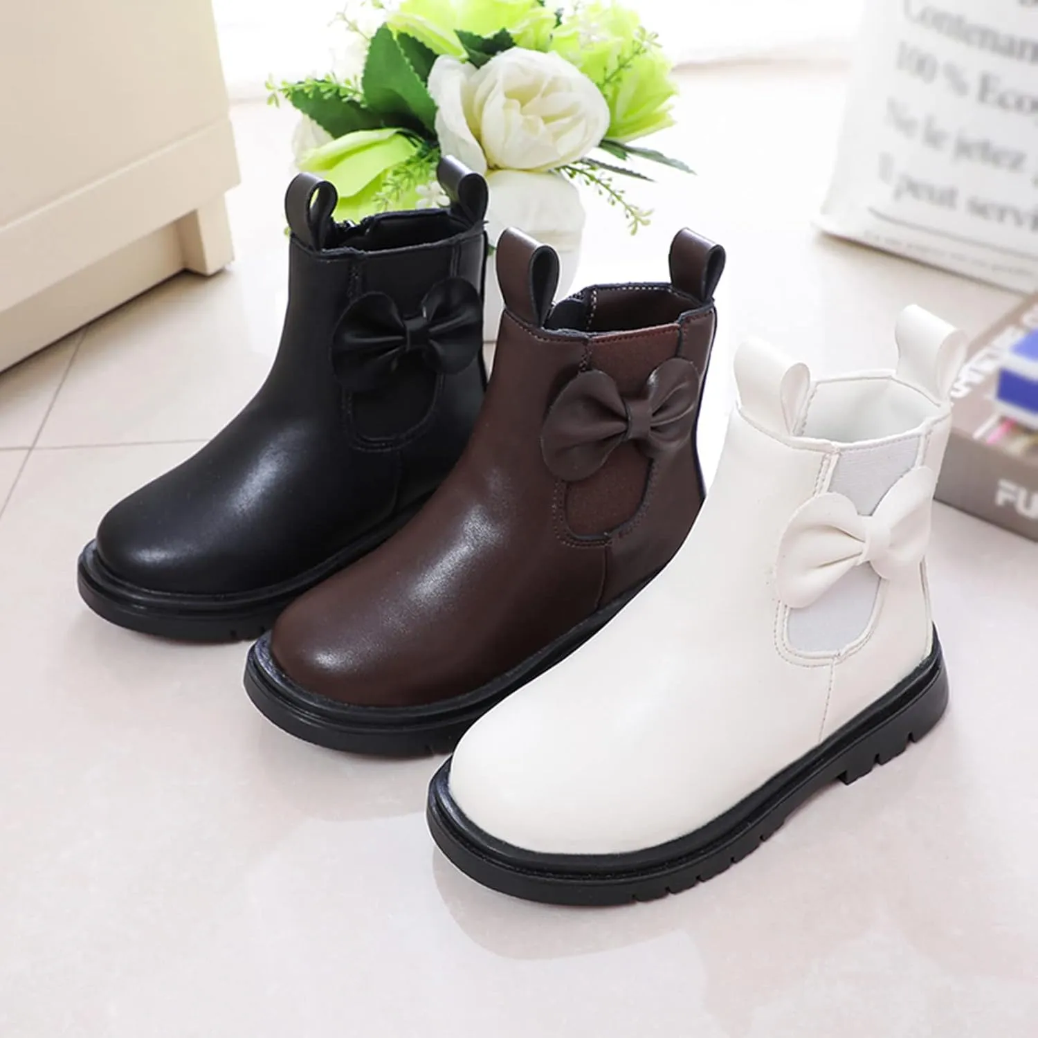 Girls Ankle Boots, Girls Leather Shoes Waterproof Leather Short Boots Non Slip Breathable Nude Boots with Zipper (Black, 6-7 Years)