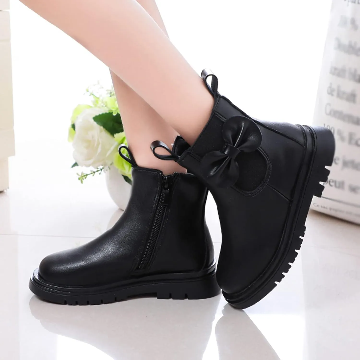 Girls Ankle Boots, Girls Leather Shoes Waterproof Leather Short Boots Non Slip Breathable Nude Boots with Zipper (Black, 6-7 Years)