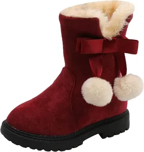 Girls Boots Kids Boys Winter Warm Snow Suede Mid Calf Boots Faux Fur Lined Low Heel Snow Boots for Toddler/Little Kid