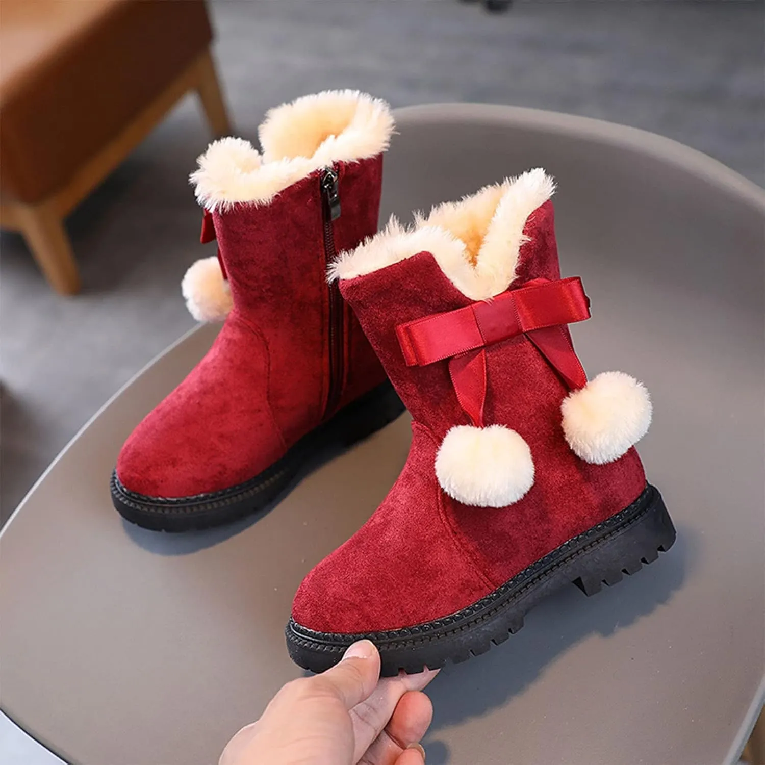 Girls Boots Kids Boys Winter Warm Snow Suede Mid Calf Boots Faux Fur Lined Low Heel Snow Boots for Toddler/Little Kid