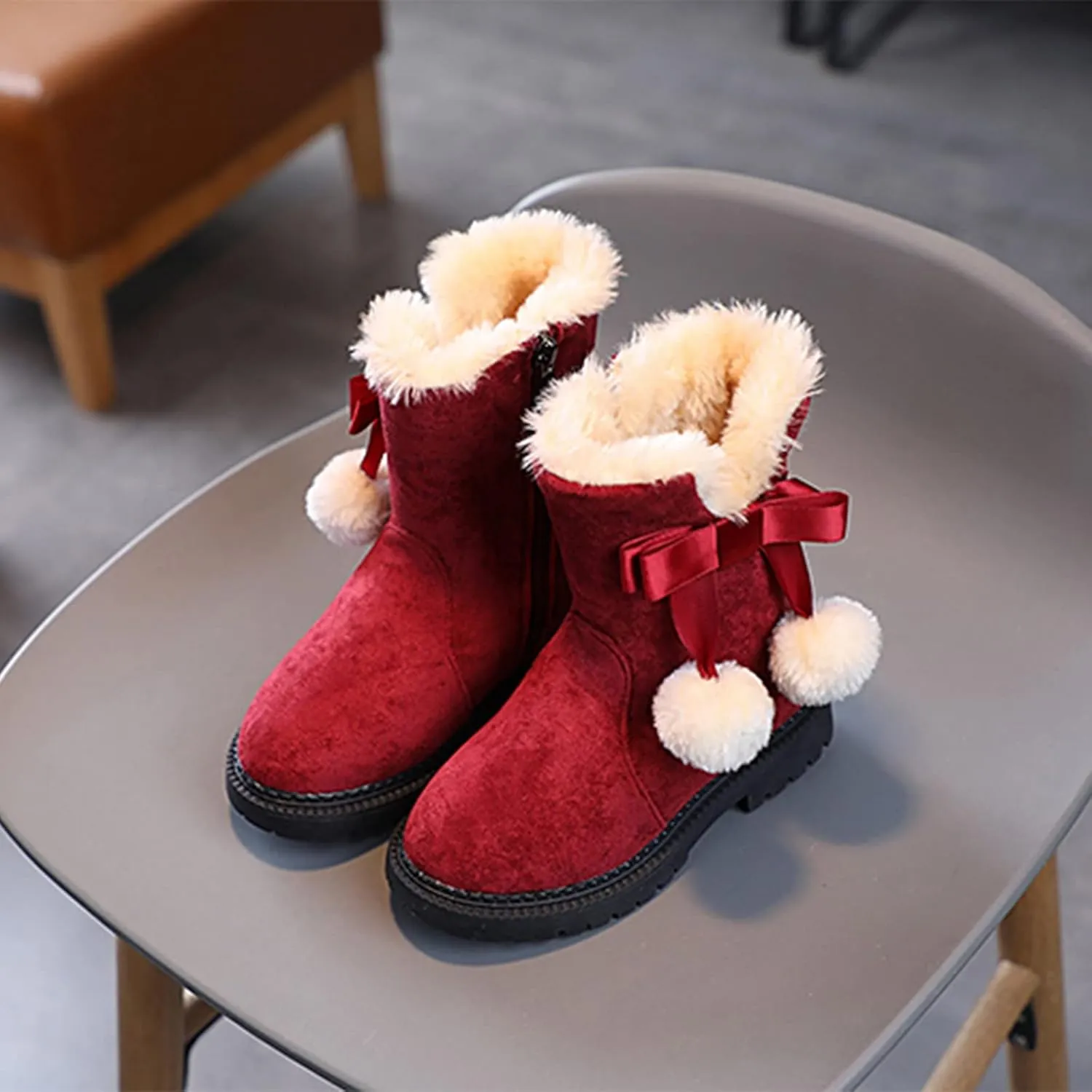 Girls Boots Kids Boys Winter Warm Snow Suede Mid Calf Boots Faux Fur Lined Low Heel Snow Boots for Toddler/Little Kid