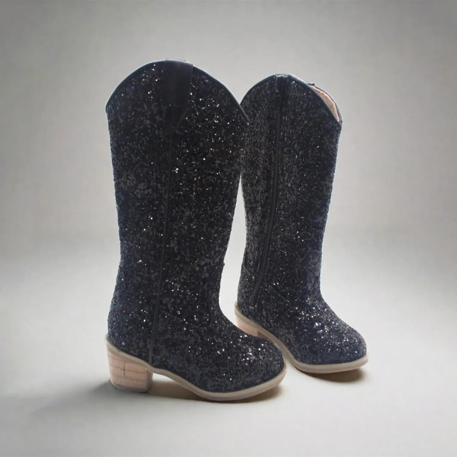 Girls Cowboy Western Boots Knee Length Sequins Fashion Riding Shoes Kids Mid Calf Low Heel Toddler Short Boots for Girls